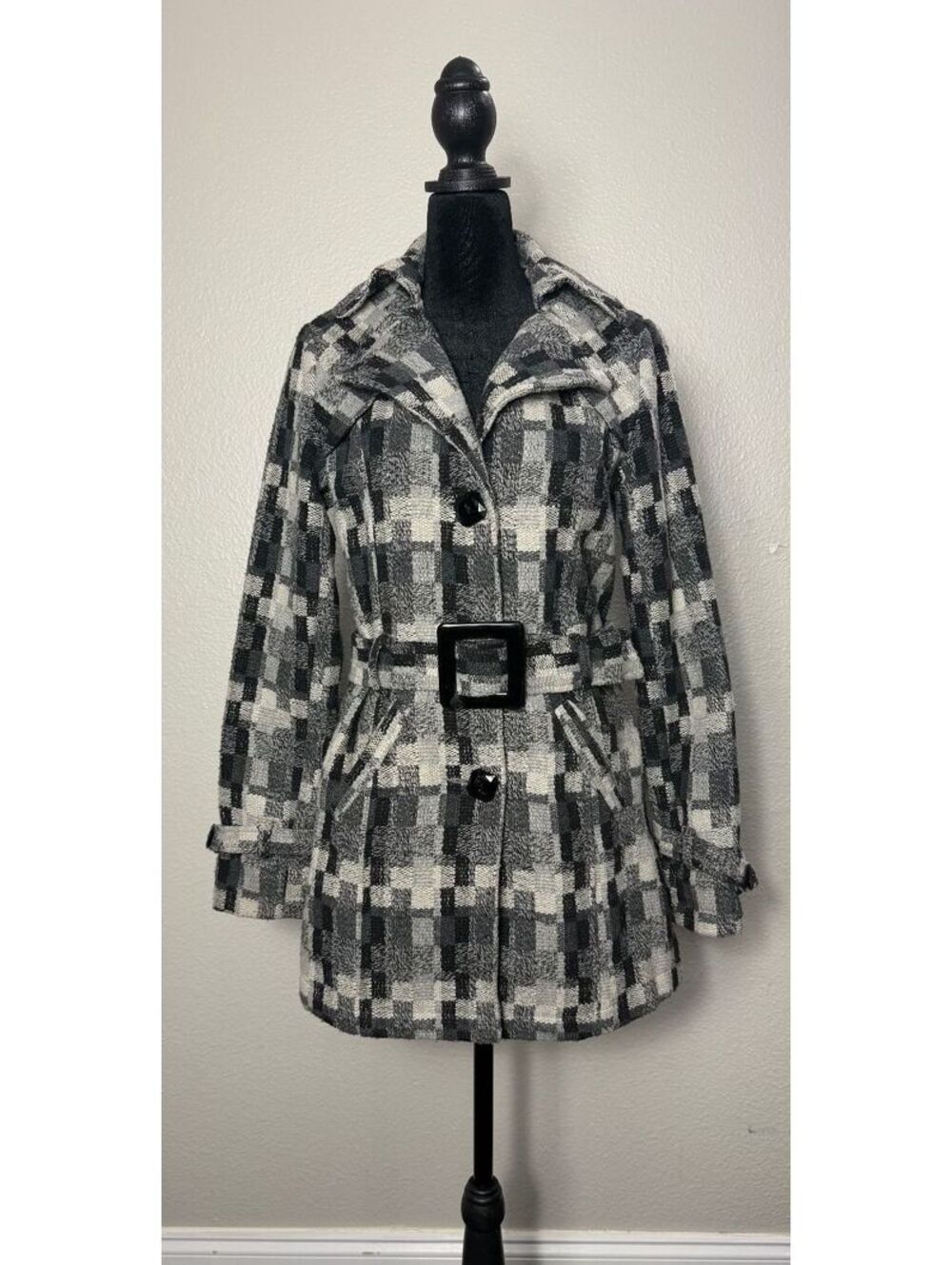 Y2K Style Black Gray Plaid Belted Peacoat S Academia